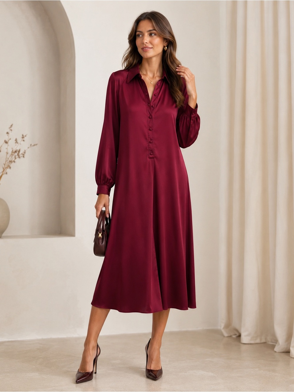 1960/70 Burgundy Shirt Midi Dress - Sz L/XL